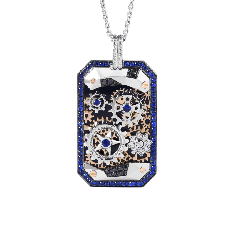 18K Yellow Gold and White Gold Pendant with Sapphires, White Diamonds, Black Diamonds and Onyx